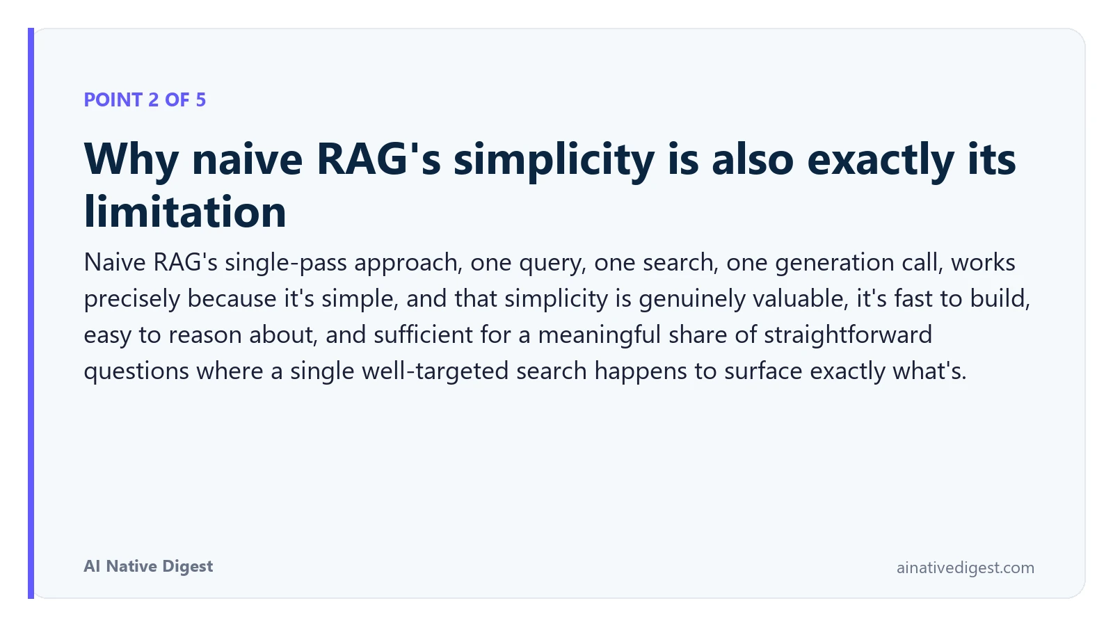 Point 2 of 5: Why naive RAG's simplicity is also exactly its limitation. Naive RAG's single-pass approach, one query, one search, one generation call, works precisely because it's simple, and that simplicity is genuinely valuable, it's fast to build, easy to reason about, and sufficient for a meaningful share of straightforward questions where a single well-targeted search happens to surface exactly what's. ainativedigest.com