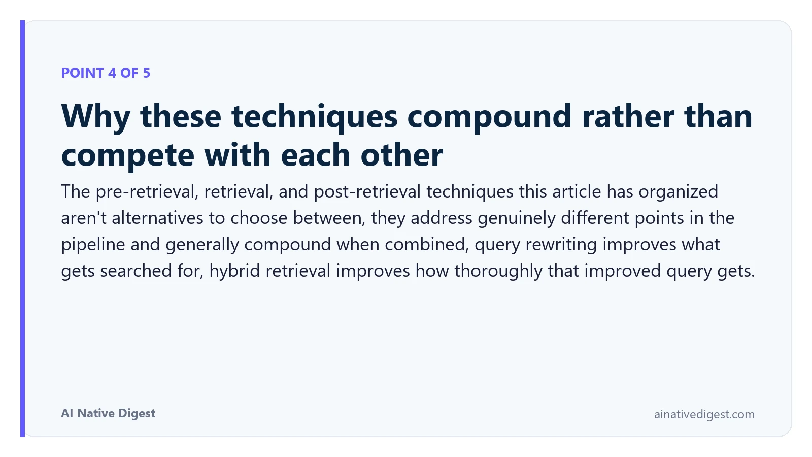 Point 4 of 5: Why these techniques compound rather than compete with each other. The pre-retrieval, retrieval, and post-retrieval techniques this article has organized aren't alternatives to choose between, they address genuinely different points in the pipeline and generally compound when combined, query rewriting improves what gets searched for, hybrid retrieval improves how thoroughly that improved query gets. ainativedigest.com