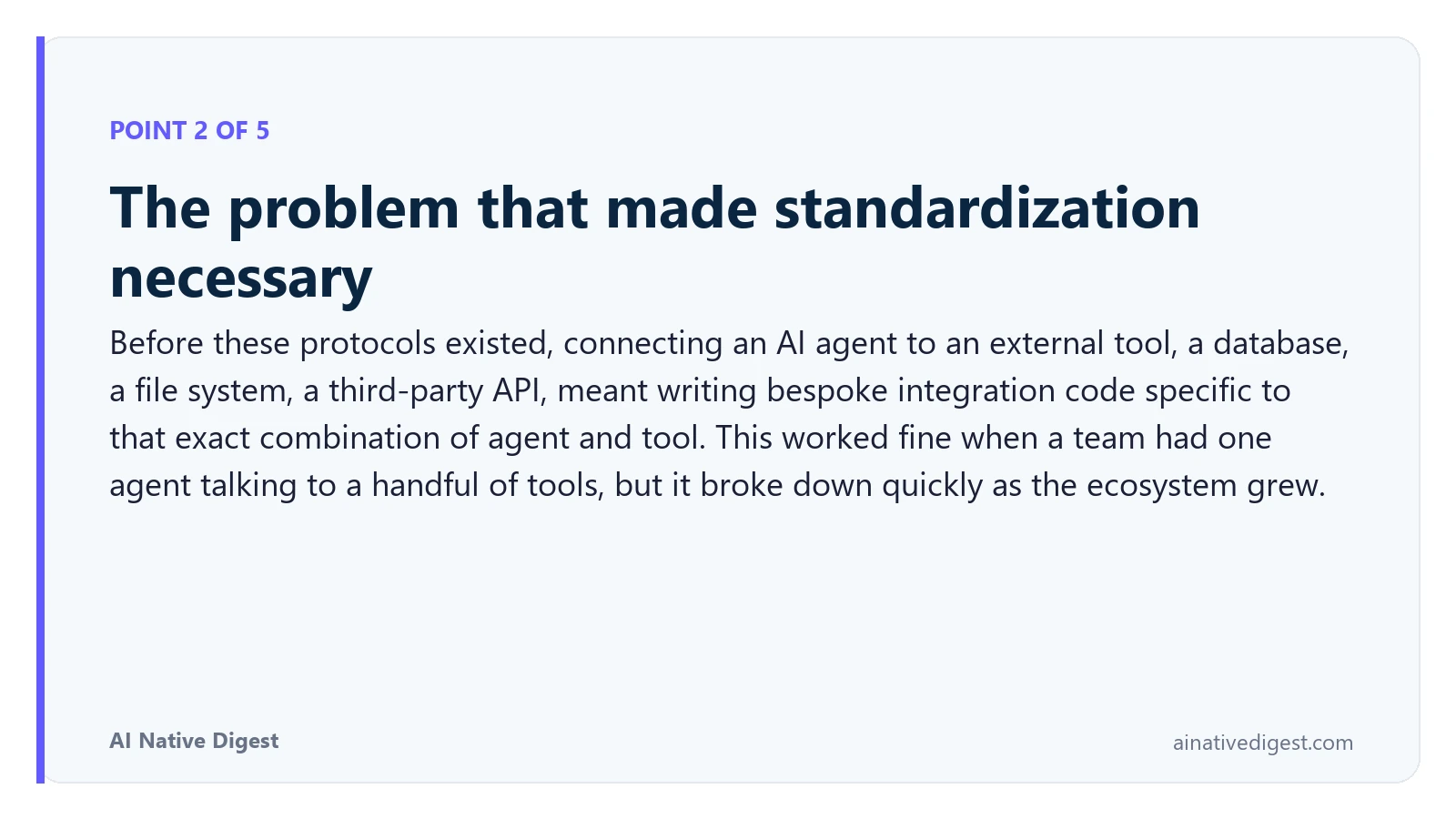 Point 2 of 5: The problem that made standardization necessary. Before these protocols existed, connecting an AI agent to an external tool, a database, a file system, a third-party API, meant writing bespoke integration code specific to that exact combination of agent and tool. This worked fine when a team had one agent talking to a handful of tools, but it broke down quickly as the ecosystem grew. ainativedigest.com