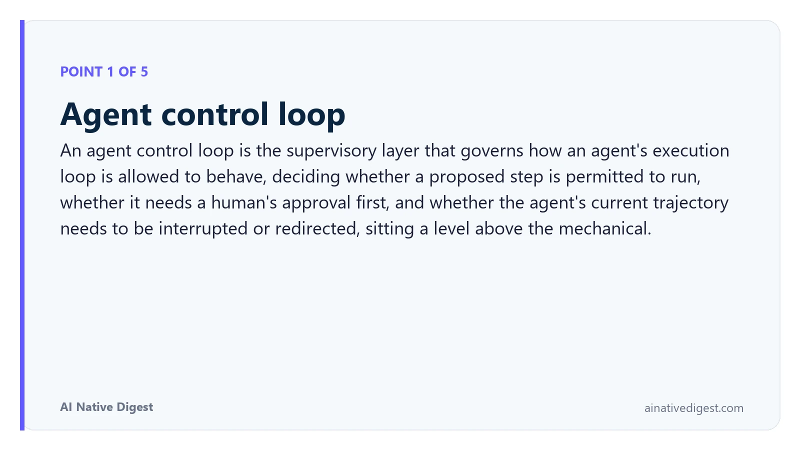 Point 1 of 5: Agent control loop. An agent control loop is the supervisory layer that governs how an agent's execution loop is allowed to behave, deciding whether a proposed step is permitted to run, whether it needs a human's approval first, and whether the agent's current trajectory needs to be interrupted or redirected, sitting a level above the mechanical. ainativedigest.com