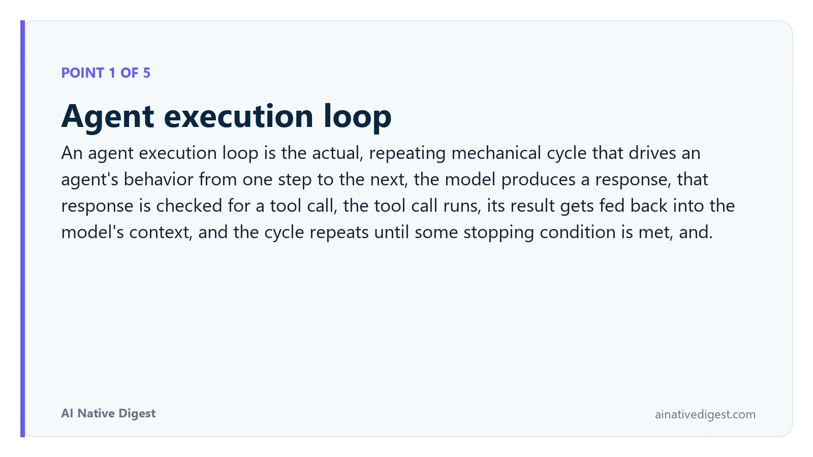 Point 1 of 5: Agent execution loop. An agent execution loop is the actual, repeating mechanical cycle that drives an agent's behavior from one step to the next, the model produces a response, that response is checked for a tool call, the tool call runs, its result gets fed back into the model's context, and the cycle repeats until some stopping condition is met, and. ainativedigest.com