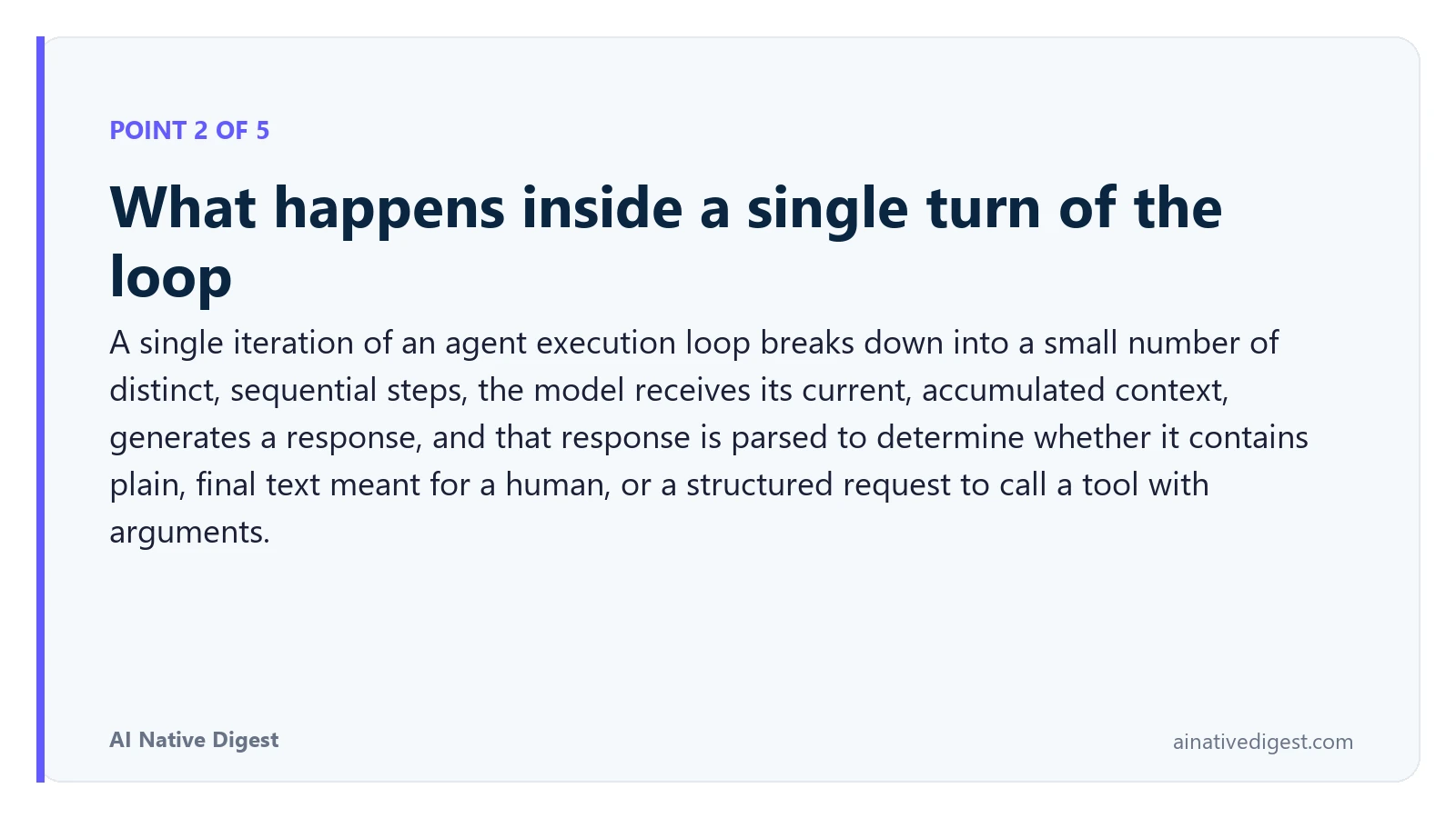 Point 2 of 5: What happens inside a single turn of the loop. A single iteration of an agent execution loop breaks down into a small number of distinct, sequential steps, the model receives its current, accumulated context, generates a response, and that response is parsed to determine whether it contains plain, final text meant for a human, or a structured request to call a tool with arguments. ainativedigest.com
