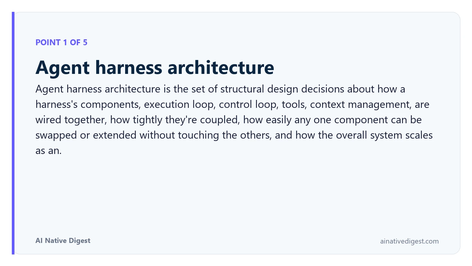 Point 1 of 5: Agent harness architecture. Agent harness architecture is the set of structural design decisions about how a harness's components, execution loop, control loop, tools, context management, are wired together, how tightly they're coupled, how easily any one component can be swapped or extended without touching the others, and how the overall system scales as an. ainativedigest.com