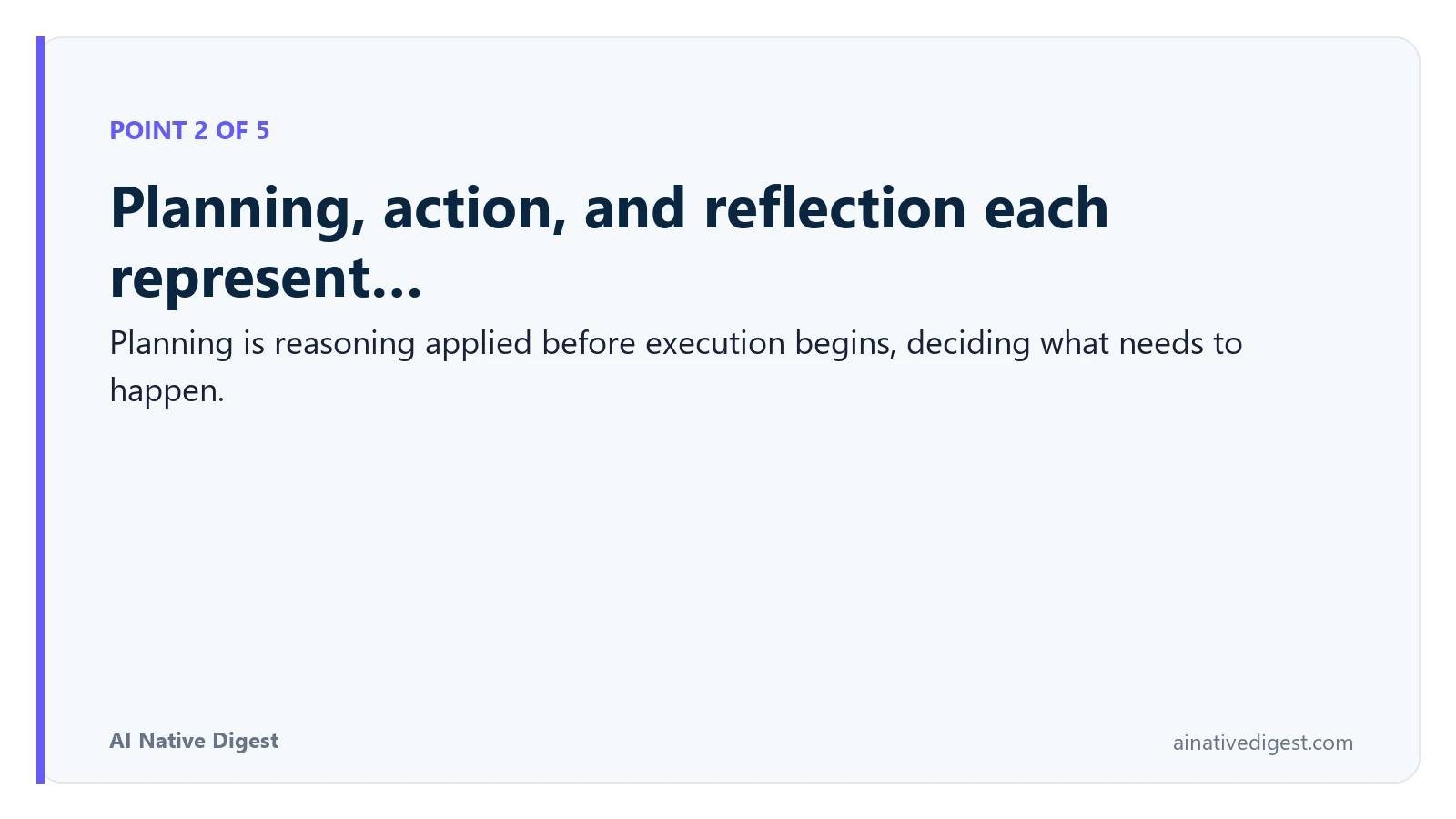 Point 2 of 5: Planning, action, and reflection each represent…. Planning is reasoning applied before execution begins, deciding what needs to happen. ainativedigest.com