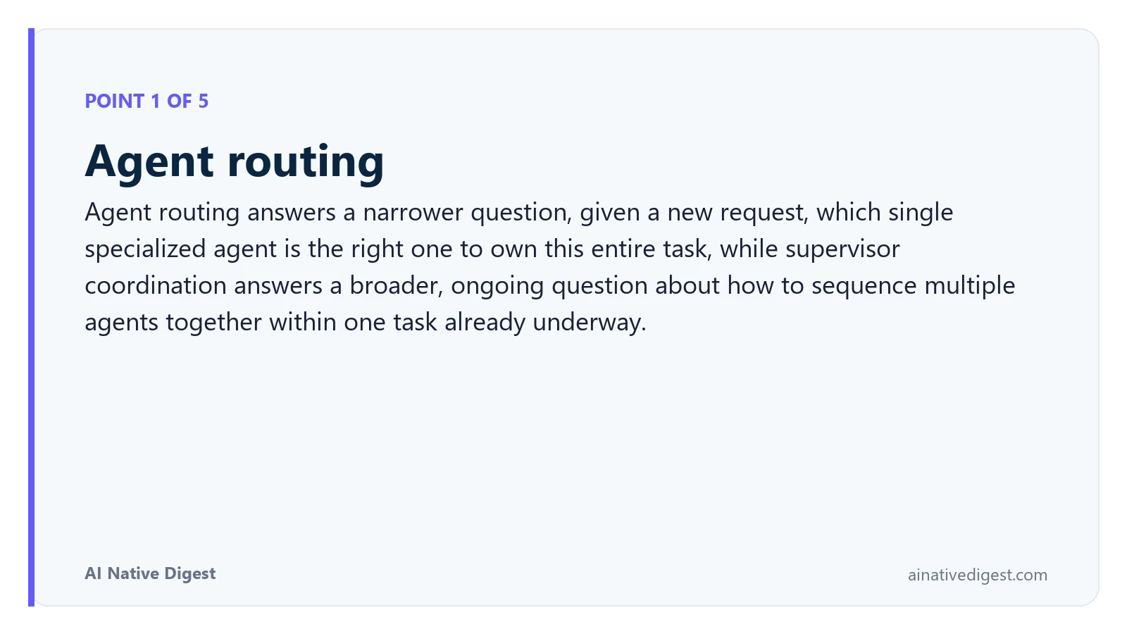 Point 1 of 5: Agent routing. Agent routing answers a narrower question, given a new request, which single specialized agent is the right one to own this entire task, while supervisor coordination answers a broader, ongoing question about how to sequence multiple agents together within one task already underway. ainativedigest.com