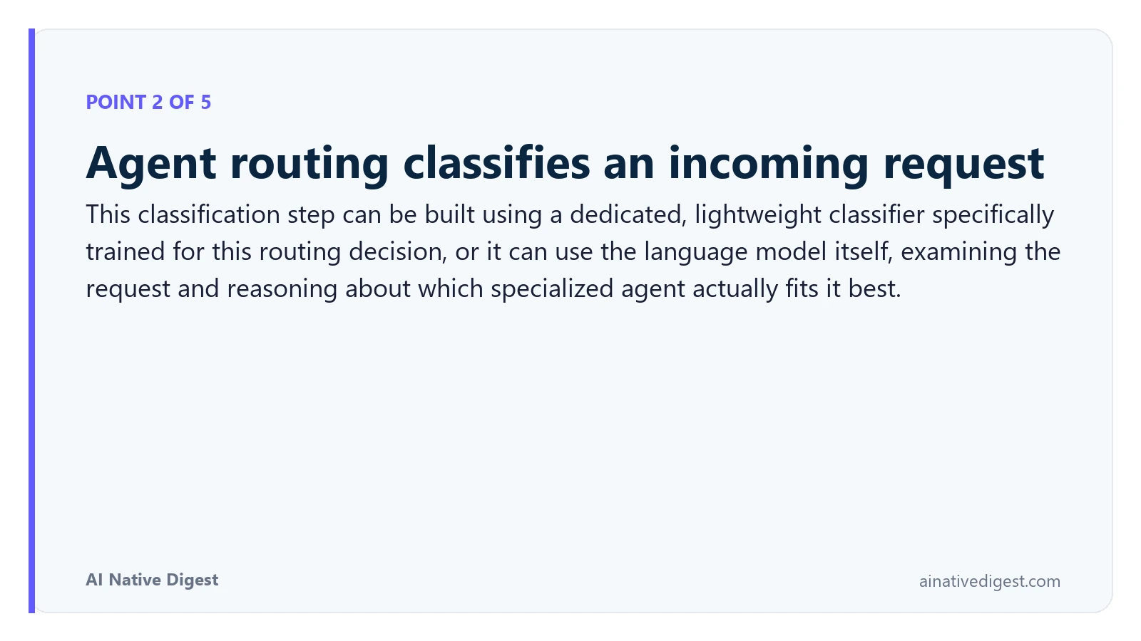 Point 2 of 5: Agent routing classifies an incoming request. This classification step can be built using a dedicated, lightweight classifier specifically trained for this routing decision, or it can use the language model itself, examining the request and reasoning about which specialized agent actually fits it best. ainativedigest.com