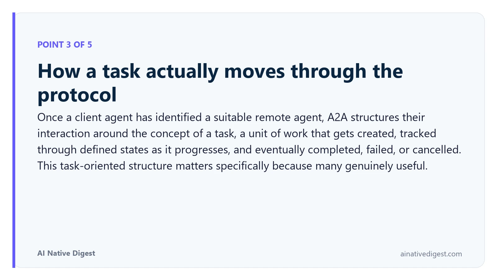 Point 3 of 5: How a task actually moves through the protocol. Once a client agent has identified a suitable remote agent, A2A structures their interaction around the concept of a task, a unit of work that gets created, tracked through defined states as it progresses, and eventually completed, failed, or cancelled. This task-oriented structure matters specifically because many genuinely useful. ainativedigest.com