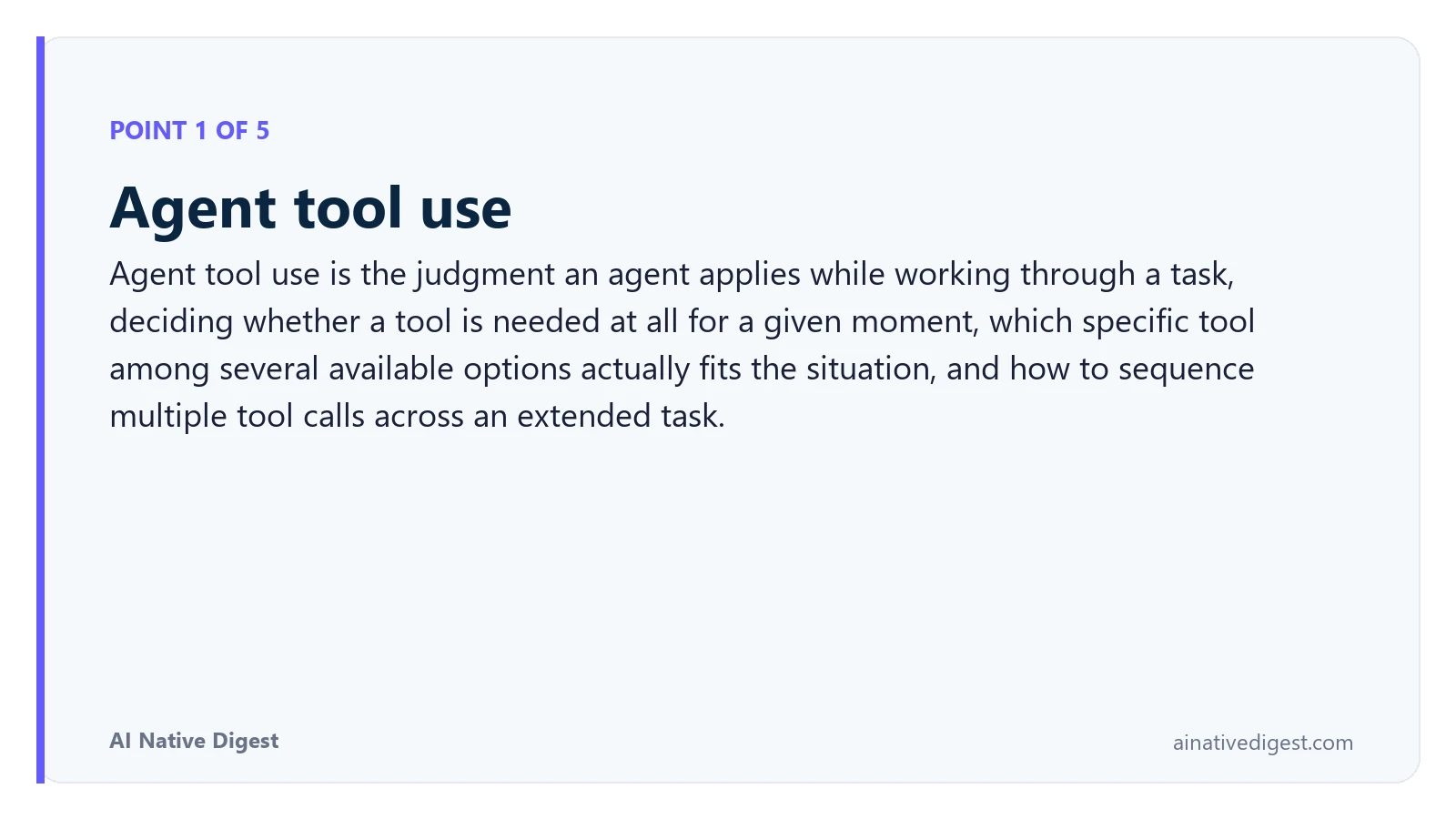 Point 1 of 5: Agent tool use. Agent tool use is the judgment an agent applies while working through a task, deciding whether a tool is needed at all for a given moment, which specific tool among several available options actually fits the situation, and how to sequence multiple tool calls across an extended task. ainativedigest.com