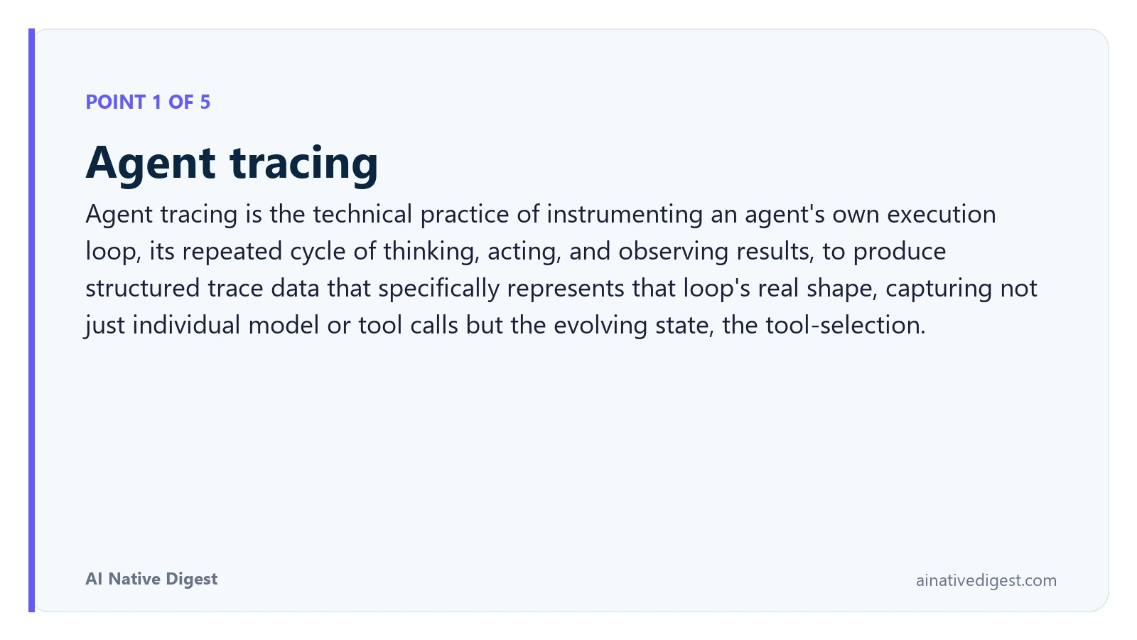 Point 1 of 5: Agent tracing. Agent tracing is the technical practice of instrumenting an agent's own execution loop, its repeated cycle of thinking, acting, and observing results, to produce structured trace data that specifically represents that loop's real shape, capturing not just individual model or tool calls but the evolving state, the tool-selection. ainativedigest.com