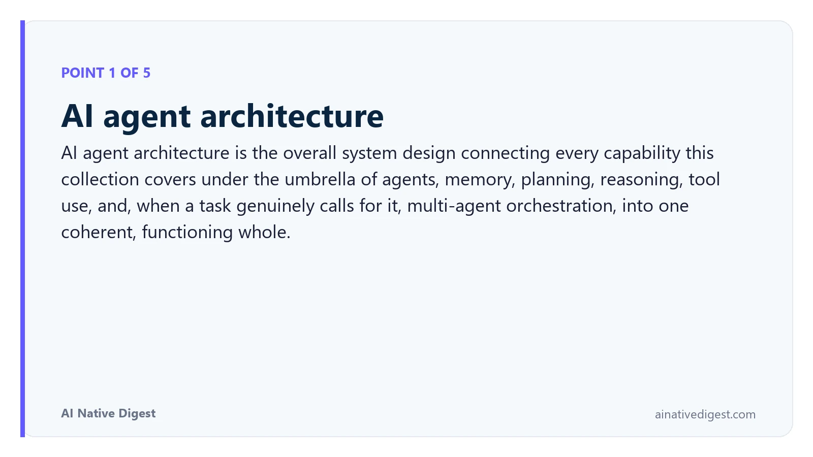 Point 1 of 5: AI agent architecture. AI agent architecture is the overall system design connecting every capability this collection covers under the umbrella of agents, memory, planning, reasoning, tool use, and, when a task genuinely calls for it, multi-agent orchestration, into one coherent, functioning whole. ainativedigest.com