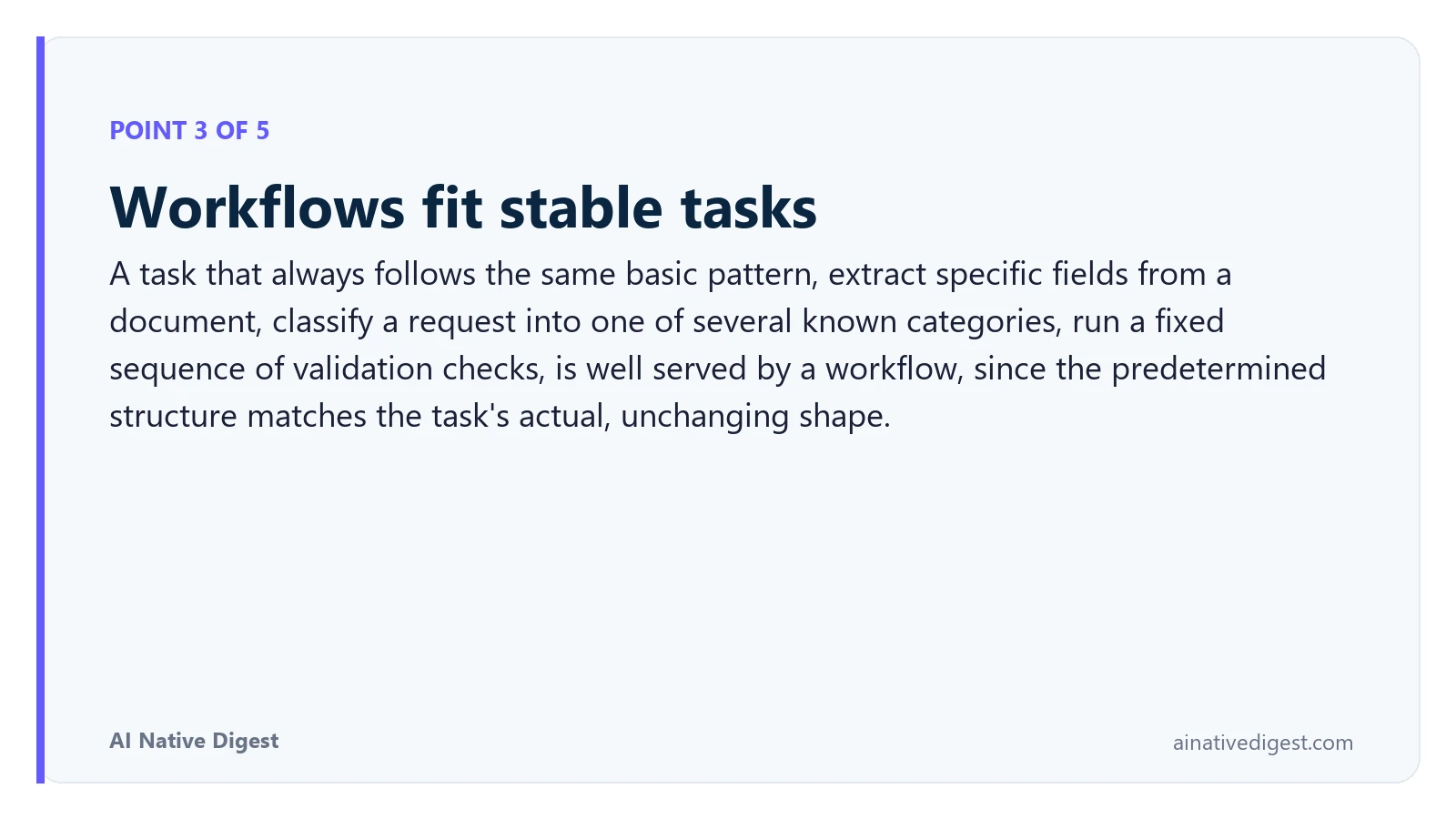 Point 3 of 5: Workflows fit stable tasks. A task that always follows the same basic pattern, extract specific fields from a document, classify a request into one of several known categories, run a fixed sequence of validation checks, is well served by a workflow, since the predetermined structure matches the task's actual, unchanging shape. ainativedigest.com