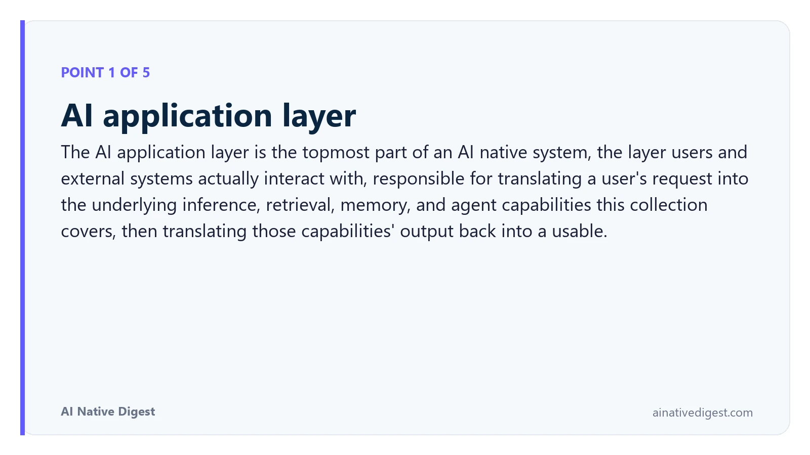 Point 1 of 5: AI application layer. The AI application layer is the topmost part of an AI native system, the layer users and external systems actually interact with, responsible for translating a user's request into the underlying inference, retrieval, memory, and agent capabilities this collection covers, then translating those capabilities' output back into a usable. ainativedigest.com