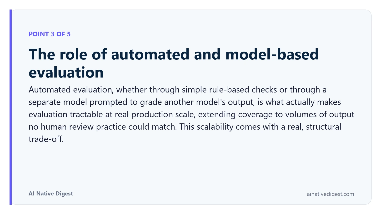 Point 3 of 5: The role of automated and model-based evaluation. Automated evaluation, whether through simple rule-based checks or through a separate model prompted to grade another model's output, is what actually makes evaluation tractable at real production scale, extending coverage to volumes of output no human review practice could match. This scalability comes with a real, structural trade-off. ainativedigest.com