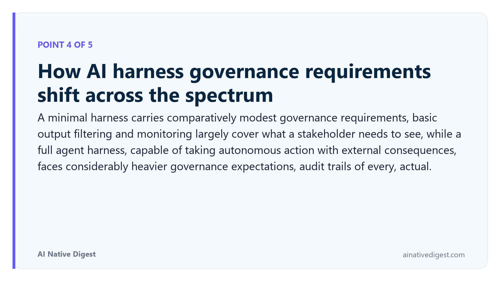 Point 4 of 5: How AI harness governance requirements shift across the spectrum. A minimal harness carries comparatively modest governance requirements, basic output filtering and monitoring largely cover what a stakeholder needs to see, while a full agent harness, capable of taking autonomous action with external consequences, faces considerably heavier governance expectations, audit trails of every, actual. ainativedigest.com