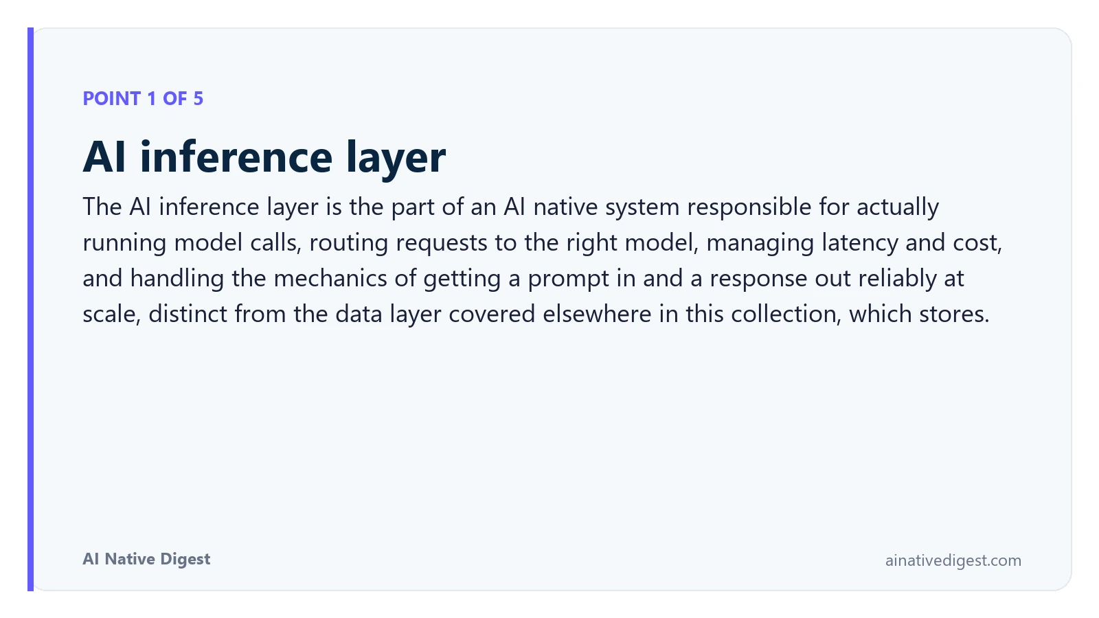 Point 1 of 5: AI inference layer. The AI inference layer is the part of an AI native system responsible for actually running model calls, routing requests to the right model, managing latency and cost, and handling the mechanics of getting a prompt in and a response out reliably at scale, distinct from the data layer covered elsewhere in this collection, which stores. ainativedigest.com