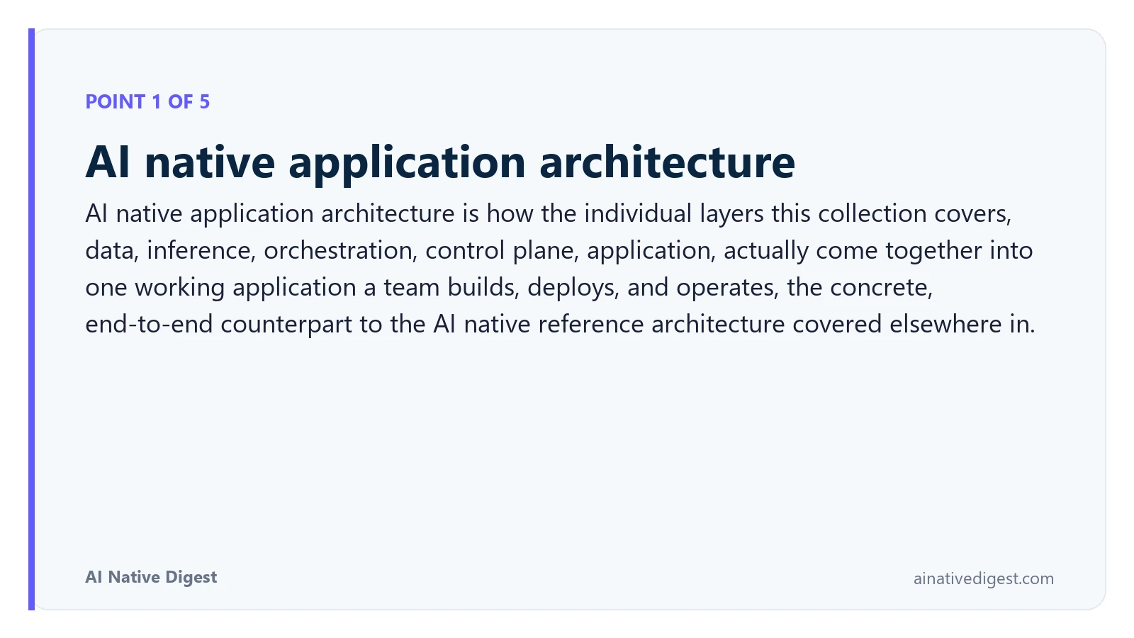 Point 1 of 5: AI native application architecture. AI native application architecture is how the individual layers this collection covers, data, inference, orchestration, control plane, application, actually come together into one working application a team builds, deploys, and operates, the concrete, end-to-end counterpart to the AI native reference architecture covered elsewhere in. ainativedigest.com