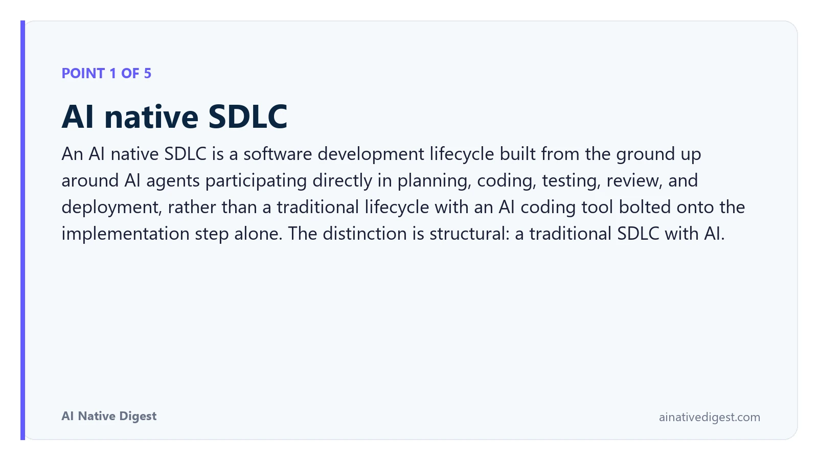 Point 1 of 5: AI native SDLC. An AI native SDLC is a software development lifecycle built from the ground up around AI agents participating directly in planning, coding, testing, review, and deployment, rather than a traditional lifecycle with an AI coding tool bolted onto the implementation step alone. The distinction is structural: a traditional SDLC with AI. ainativedigest.com