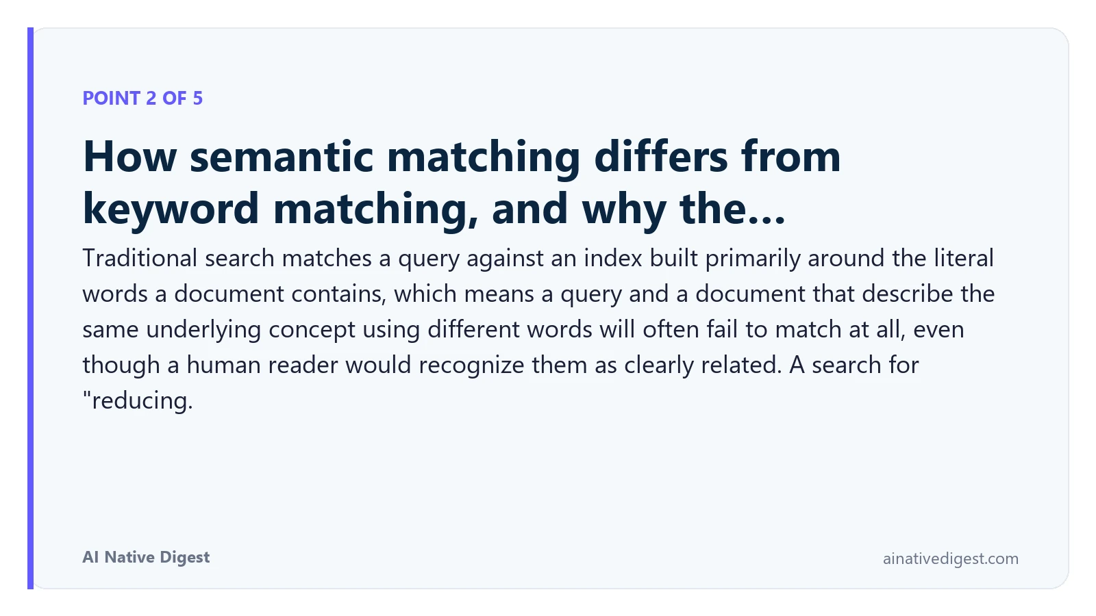 Point 2 of 5: How semantic matching differs from keyword matching, and why the…. Traditional search matches a query against an index built primarily around the literal words a document contains, which means a query and a document that describe the same underlying concept using different words will often fail to match at all, even though a human reader would recognize them as clearly related. A search for "reducing. ainativedigest.com