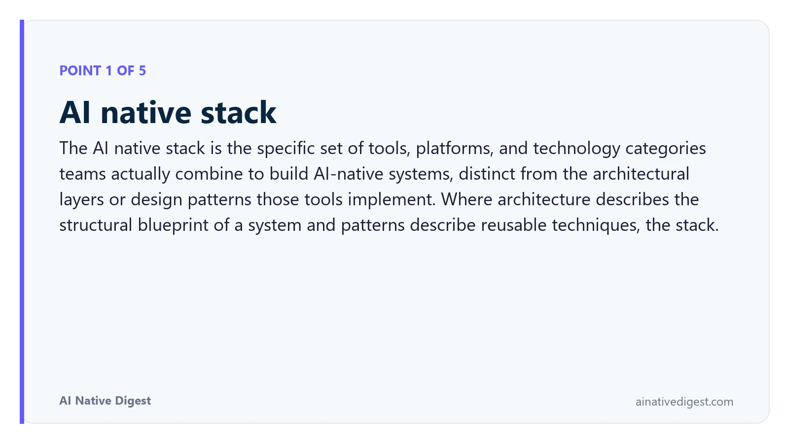 Point 1 of 5: AI native stack. The AI native stack is the specific set of tools, platforms, and technology categories teams actually combine to build AI-native systems, distinct from the architectural layers or design patterns those tools implement. Where architecture describes the structural blueprint of a system and patterns describe reusable techniques, the stack. ainativedigest.com