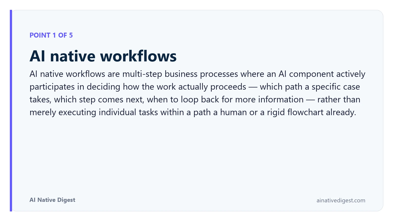 Point 1 of 5: AI native workflows. AI native workflows are multi-step business processes where an AI component actively participates in deciding how the work actually proceeds — which path a specific case takes, which step comes next, when to loop back for more information — rather than merely executing individual tasks within a path a human or a rigid flowchart already. ainativedigest.com