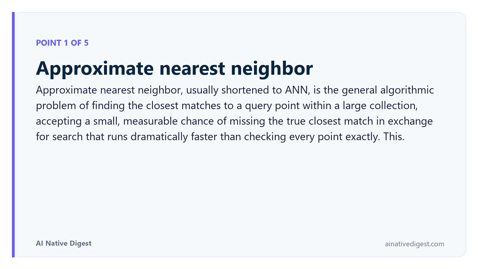 Point 1 of 5: Approximate nearest neighbor. Approximate nearest neighbor, usually shortened to ANN, is the general algorithmic problem of finding the closest matches to a query point within a large collection, accepting a small, measurable chance of missing the true closest match in exchange for search that runs dramatically faster than checking every point exactly. This. ainativedigest.com
