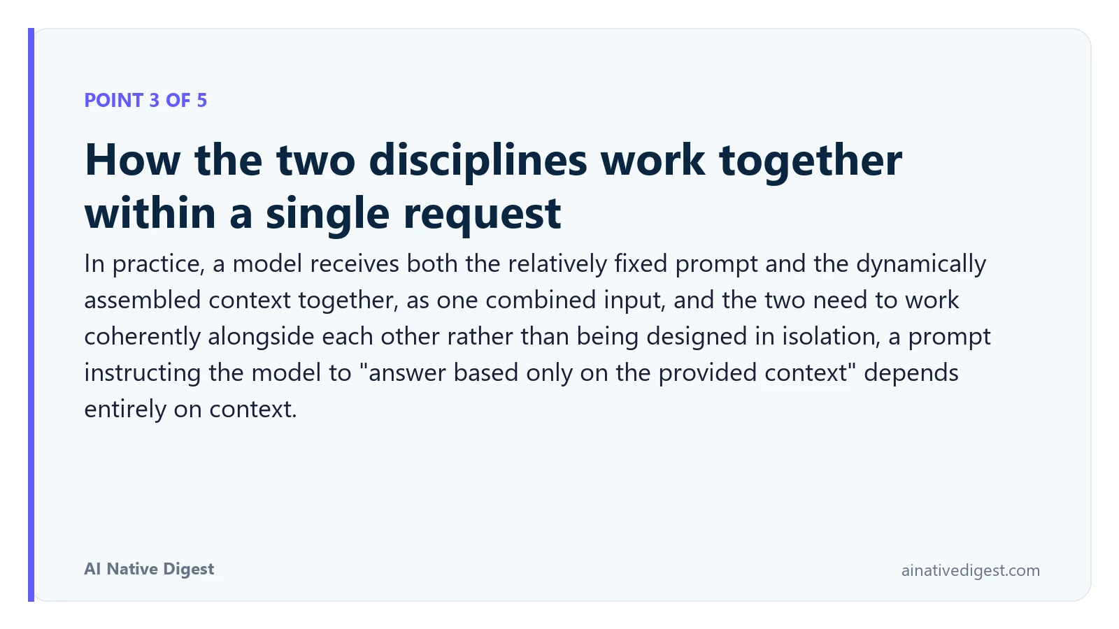 Point 3 of 5: How the two disciplines work together within a single request. In practice, a model receives both the relatively fixed prompt and the dynamically assembled context together, as one combined input, and the two need to work coherently alongside each other rather than being designed in isolation, a prompt instructing the model to "answer based only on the provided context" depends entirely on context. ainativedigest.com