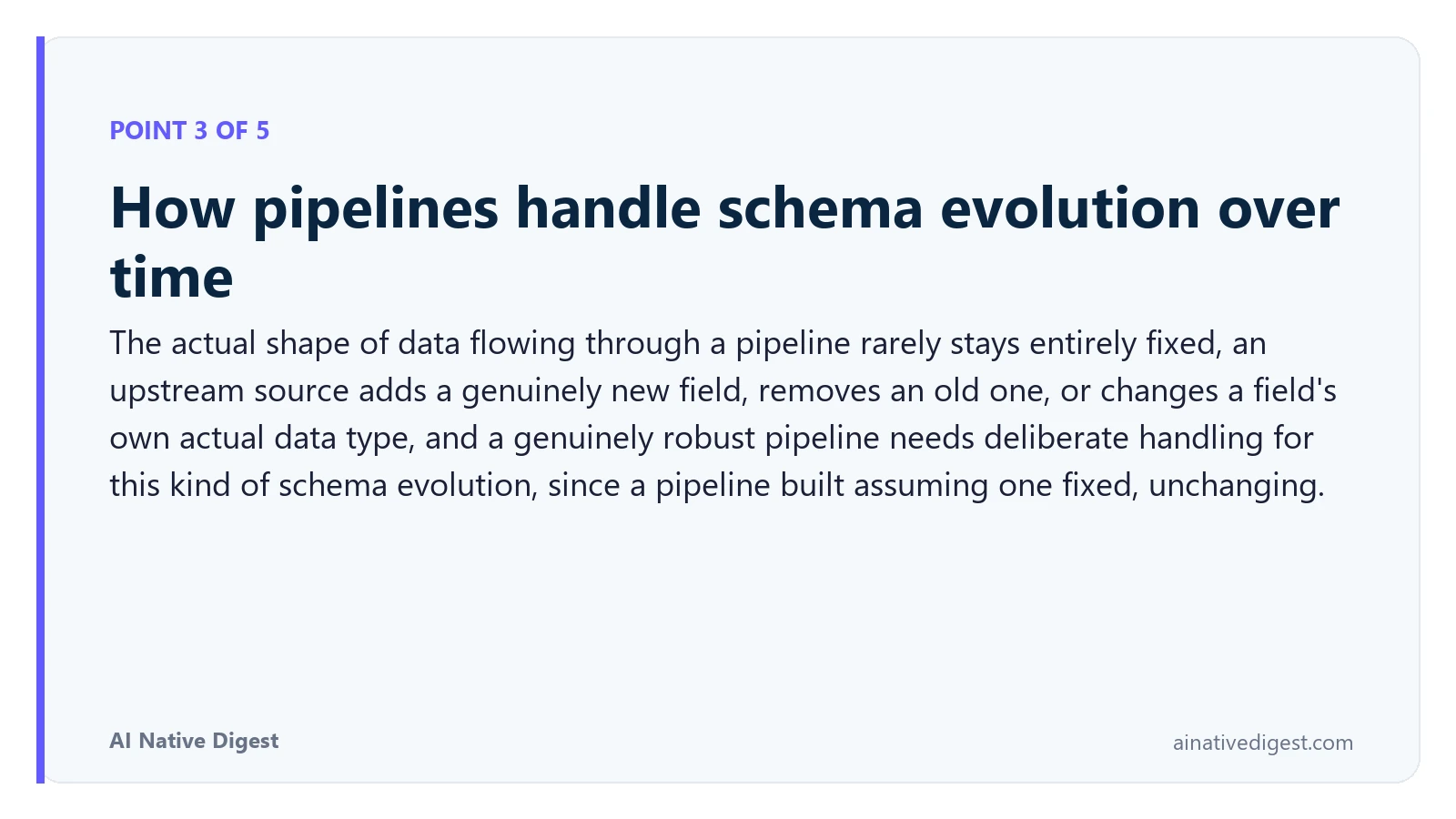 Point 3 of 5: How pipelines handle schema evolution over time. The actual shape of data flowing through a pipeline rarely stays entirely fixed, an upstream source adds a genuinely new field, removes an old one, or changes a field's own actual data type, and a genuinely robust pipeline needs deliberate handling for this kind of schema evolution, since a pipeline built assuming one fixed, unchanging. ainativedigest.com