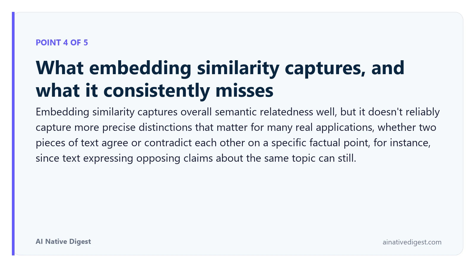 Point 4 of 5: What embedding similarity captures, and what it consistently misses. Embedding similarity captures overall semantic relatedness well, but it doesn't reliably capture more precise distinctions that matter for many real applications, whether two pieces of text agree or contradict each other on a specific factual point, for instance, since text expressing opposing claims about the same topic can still. ainativedigest.com