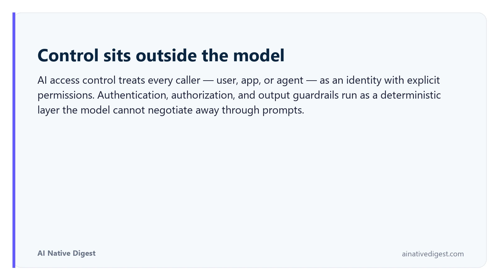 Control sits outside the model. AI access control treats every caller — user, app, or agent — as an identity with explicit permissions. Authentication, authorization, and output guardrails run as a deterministic layer the model cannot negotiate away through prompts. ainativedigest.com
