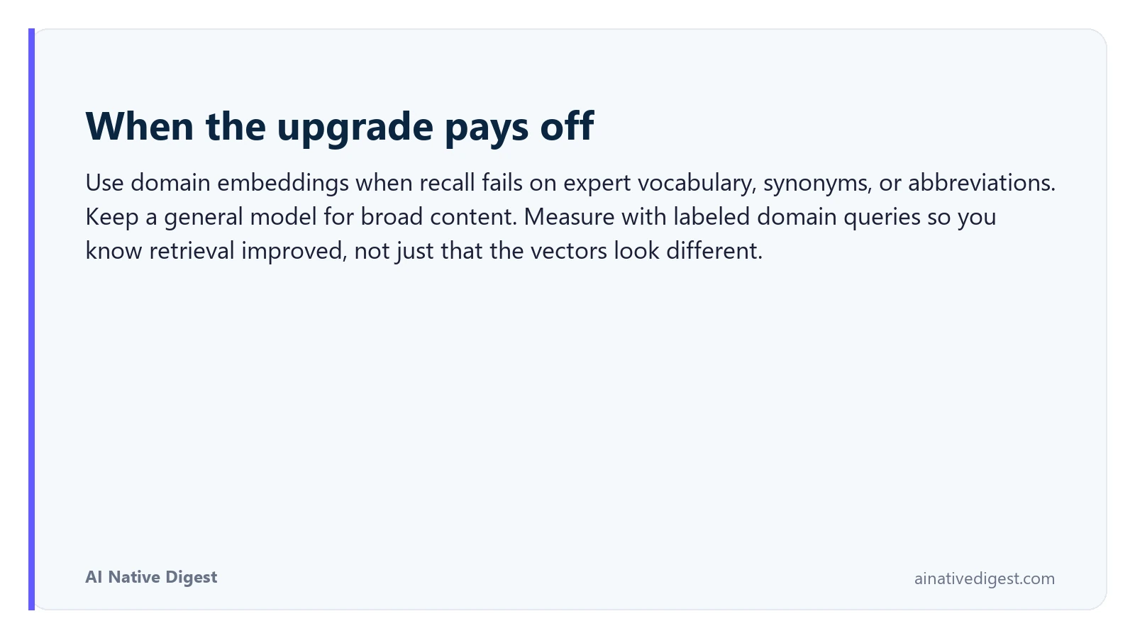 When the upgrade pays off. Use domain embeddings when recall fails on expert vocabulary, synonyms, or abbreviations. Keep a general model for broad content. Measure with labeled domain queries so you know retrieval improved, not just that the vectors look different. ainativedigest.com
