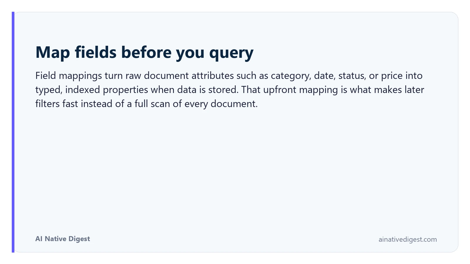 Map fields before you query. Field mappings turn raw document attributes such as category, date, status, or price into typed, indexed properties when data is stored. That upfront mapping is what makes later filters fast instead of a full scan of every document. ainativedigest.com