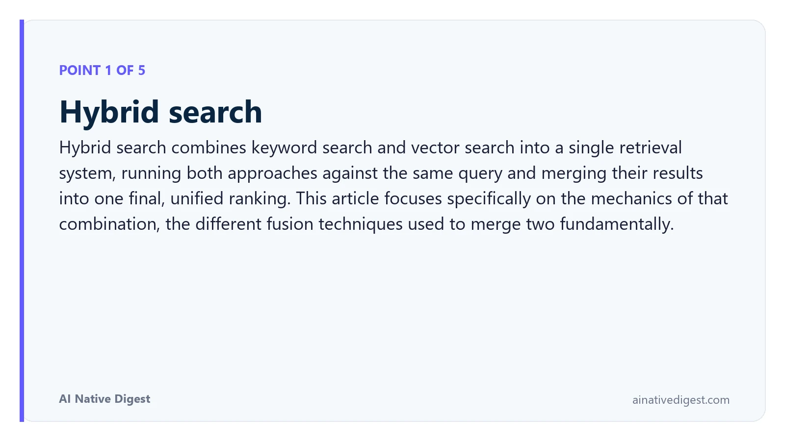 Point 1 of 5: Hybrid search. Hybrid search combines keyword search and vector search into a single retrieval system, running both approaches against the same query and merging their results into one final, unified ranking. This article focuses specifically on the mechanics of that combination, the different fusion techniques used to merge two fundamentally. ainativedigest.com