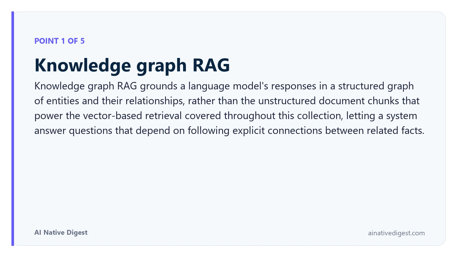 Point 1 of 5: Knowledge graph RAG. Knowledge graph RAG grounds a language model's responses in a structured graph of entities and their relationships, rather than the unstructured document chunks that power the vector-based retrieval covered throughout this collection, letting a system answer questions that depend on following explicit connections between related facts. ainativedigest.com
