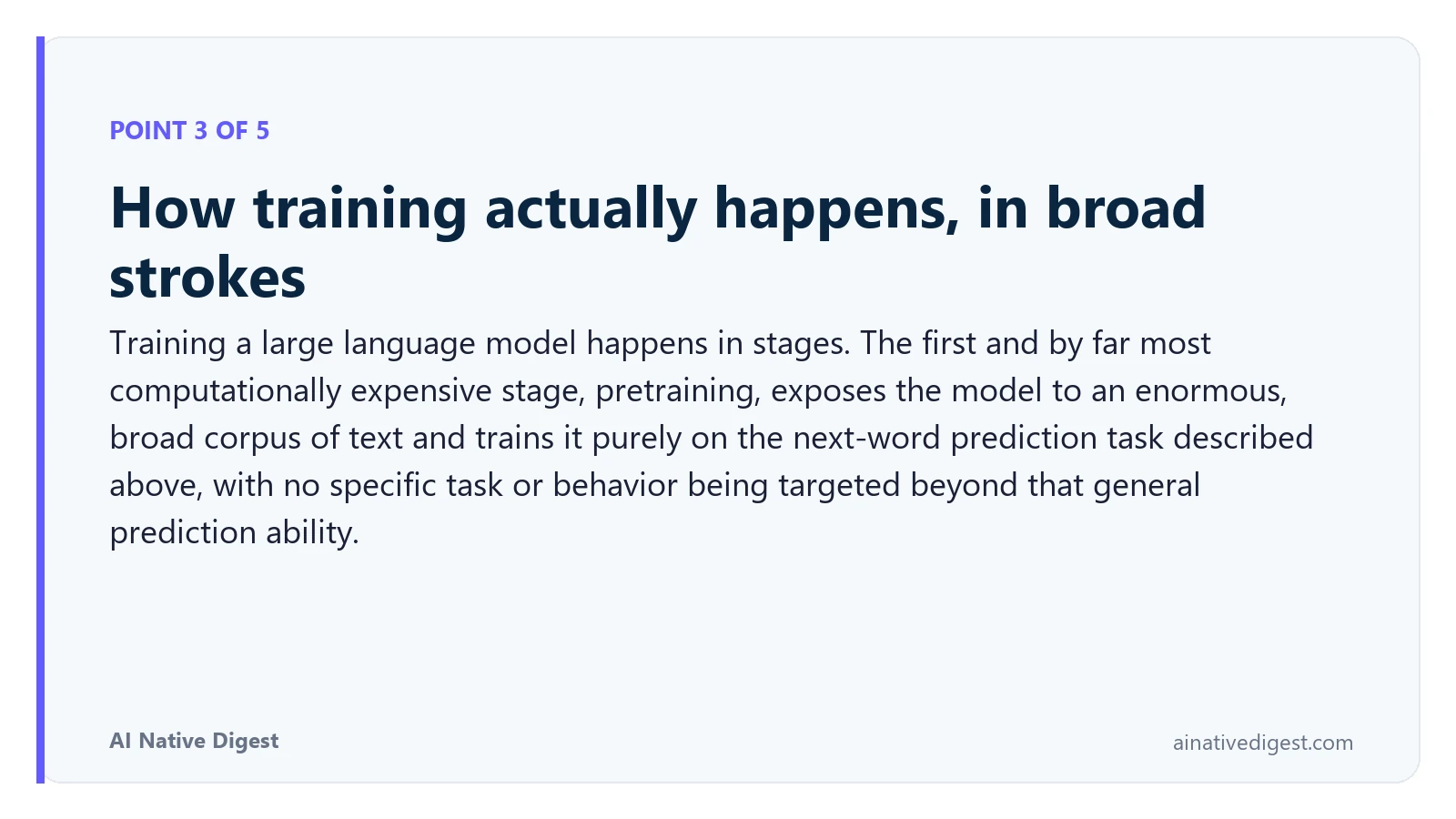 Point 3 of 5: How training actually happens, in broad strokes. Training a large language model happens in stages. The first and by far most computationally expensive stage, pretraining, exposes the model to an enormous, broad corpus of text and trains it purely on the next-word prediction task described above, with no specific task or behavior being targeted beyond that general prediction ability. ainativedigest.com