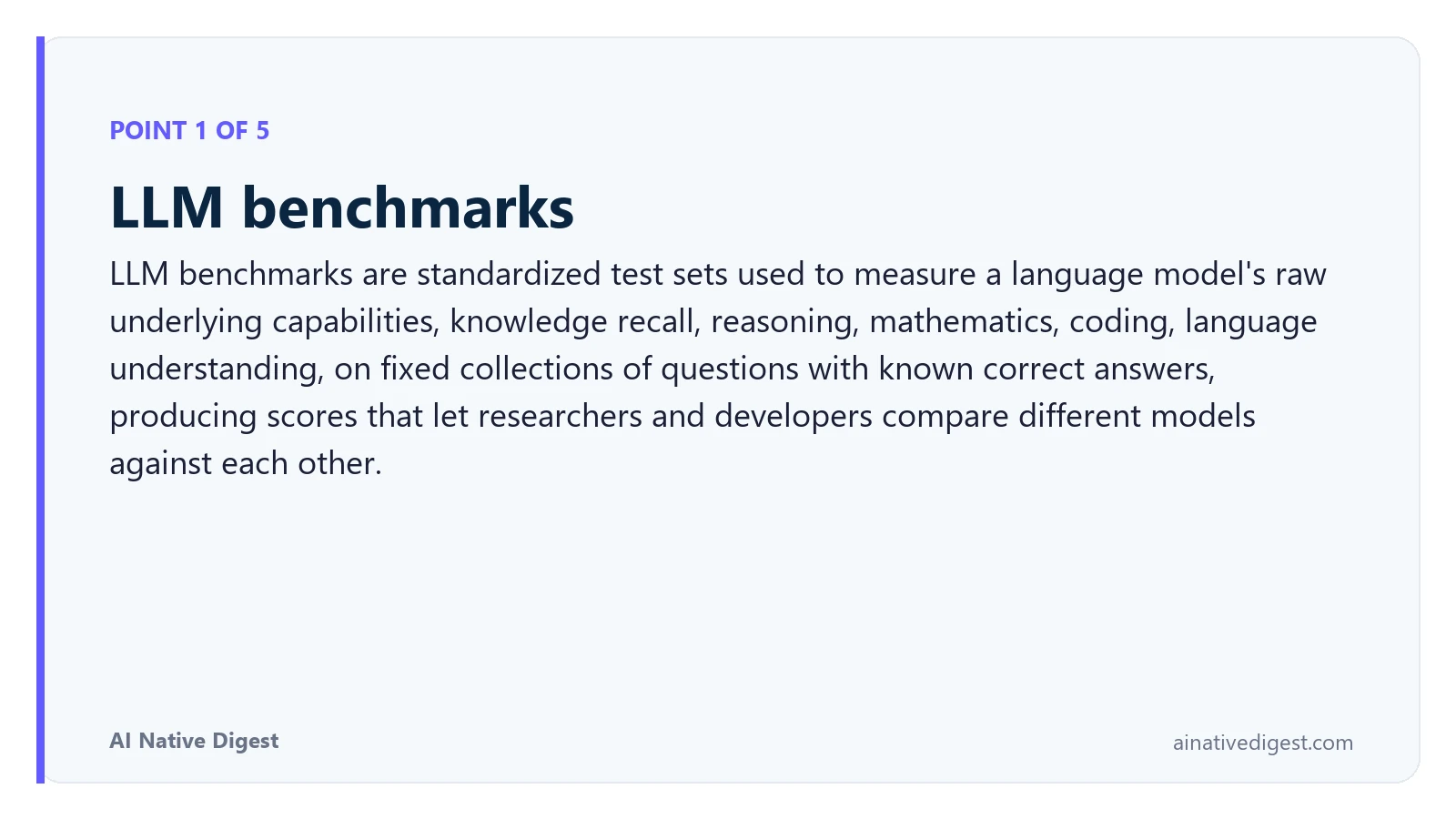 Point 1 of 5: LLM benchmarks. LLM benchmarks are standardized test sets used to measure a language model's raw underlying capabilities, knowledge recall, reasoning, mathematics, coding, language understanding, on fixed collections of questions with known correct answers, producing scores that let researchers and developers compare different models against each other. ainativedigest.com