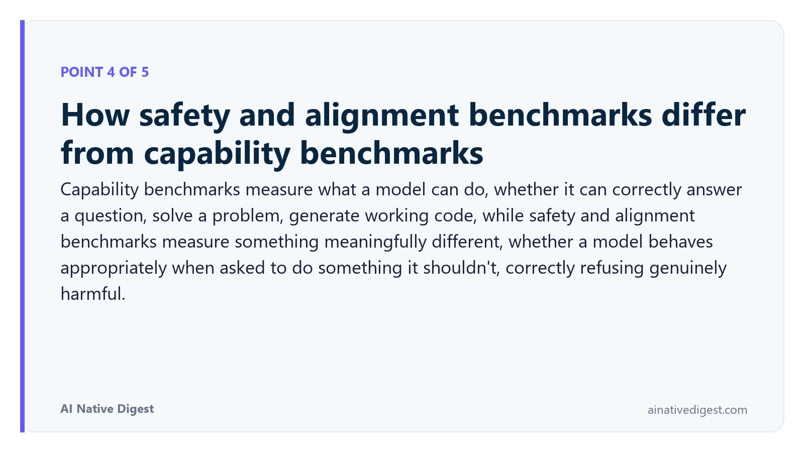 Point 4 of 5: How safety and alignment benchmarks differ from capability benchmarks. Capability benchmarks measure what a model can do, whether it can correctly answer a question, solve a problem, generate working code, while safety and alignment benchmarks measure something meaningfully different, whether a model behaves appropriately when asked to do something it shouldn't, correctly refusing genuinely harmful. ainativedigest.com