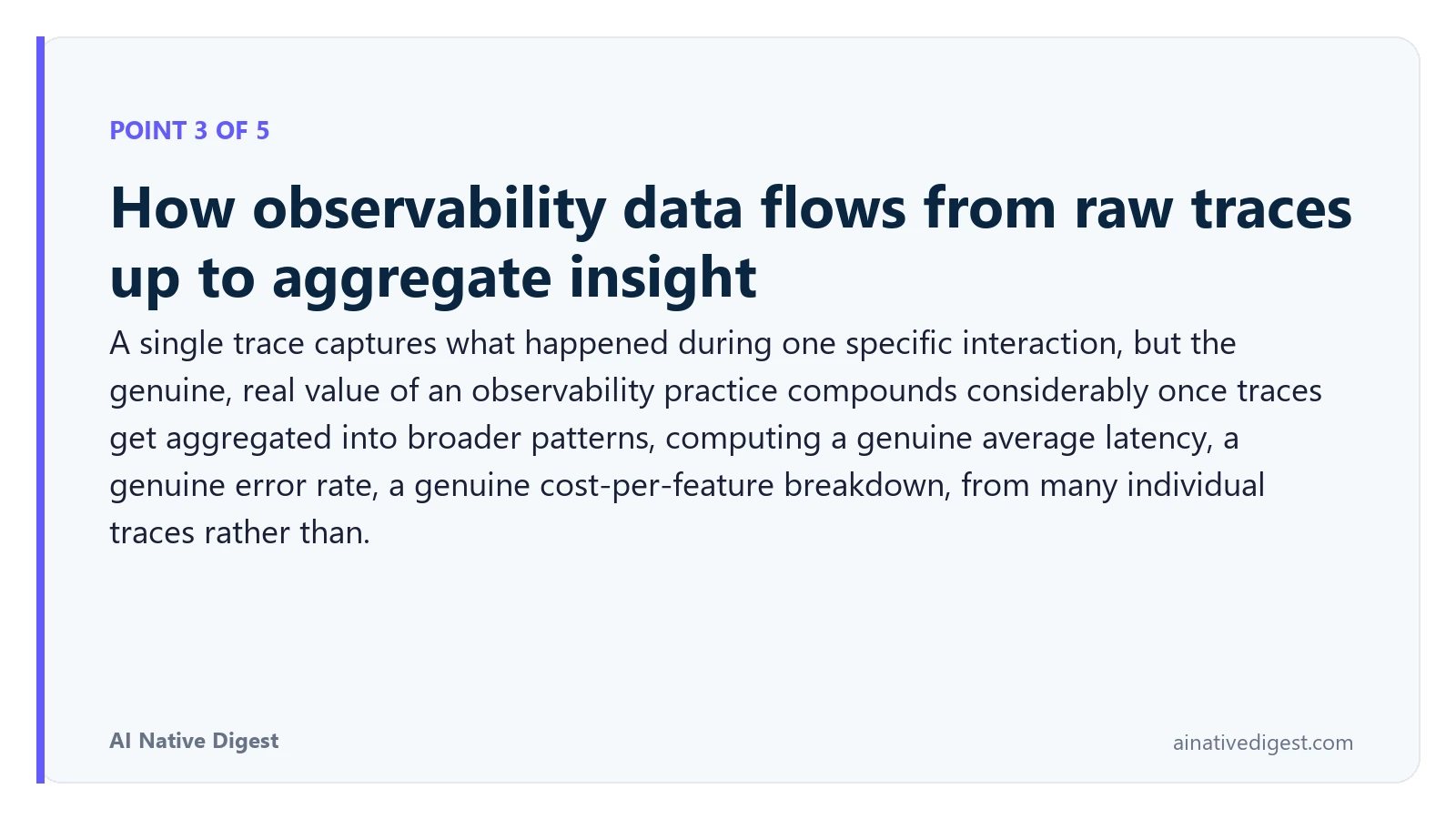Point 3 of 5: How observability data flows from raw traces up to aggregate insight. A single trace captures what happened during one specific interaction, but the genuine, real value of an observability practice compounds considerably once traces get aggregated into broader patterns, computing a genuine average latency, a genuine error rate, a genuine cost-per-feature breakdown, from many individual traces rather than. ainativedigest.com