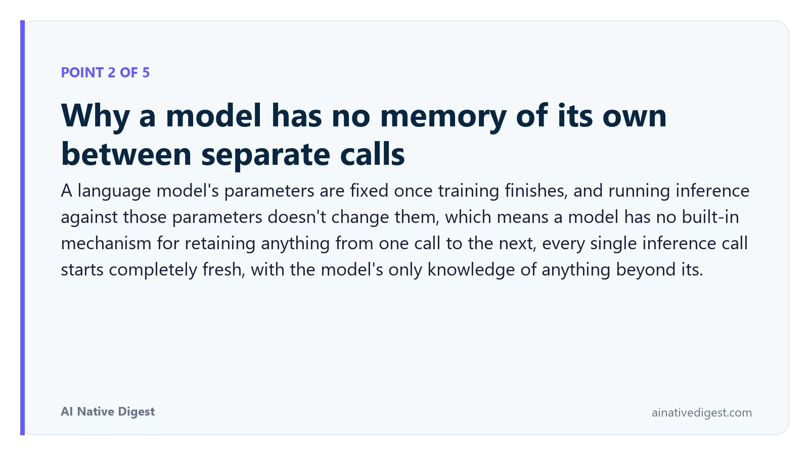 Point 2 of 5: Why a model has no memory of its own between separate calls. A language model's parameters are fixed once training finishes, and running inference against those parameters doesn't change them, which means a model has no built-in mechanism for retaining anything from one call to the next, every single inference call starts completely fresh, with the model's only knowledge of anything beyond its. ainativedigest.com