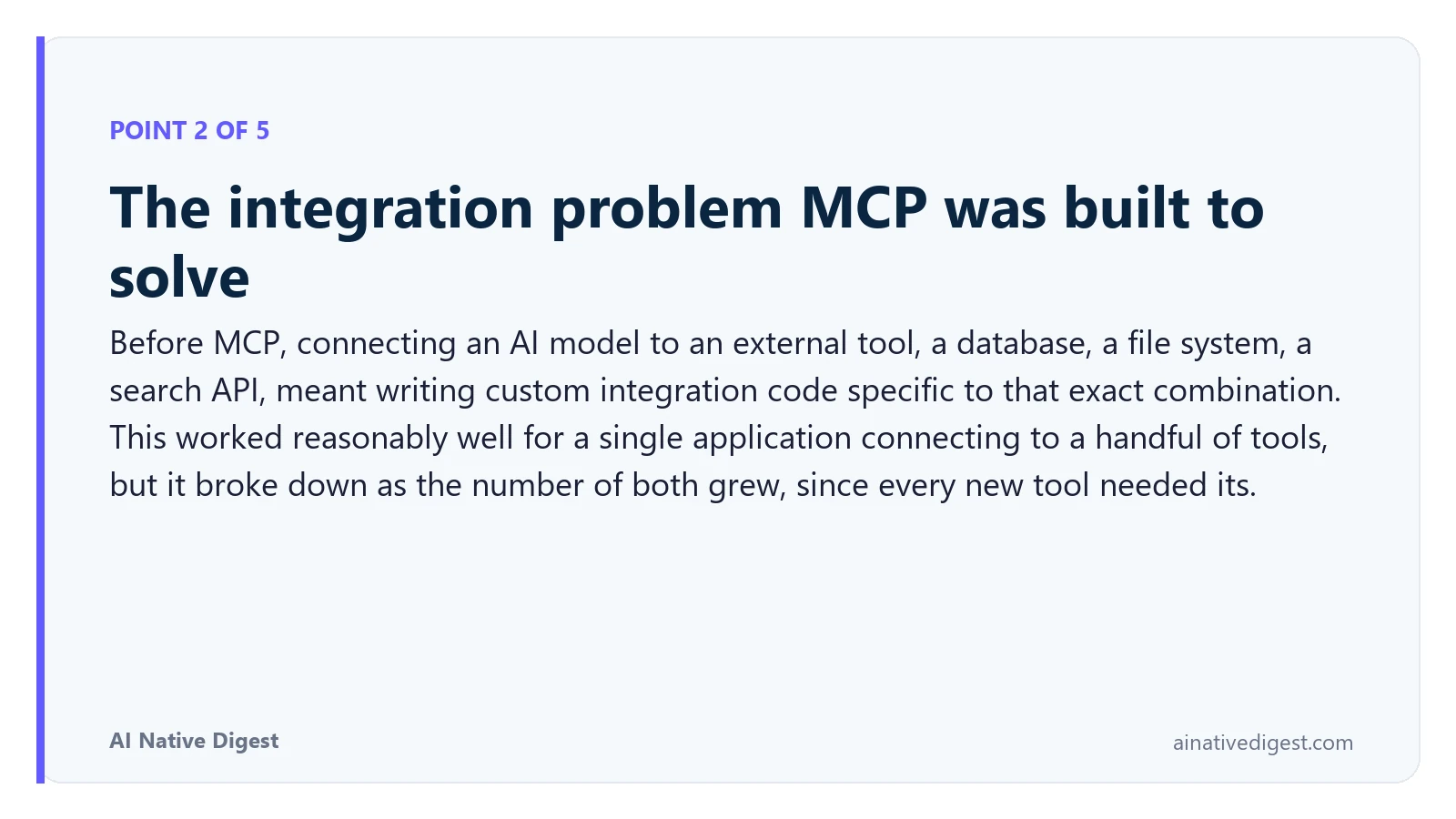 Point 2 of 5: The integration problem MCP was built to solve. Before MCP, connecting an AI model to an external tool, a database, a file system, a search API, meant writing custom integration code specific to that exact combination. This worked reasonably well for a single application connecting to a handful of tools, but it broke down as the number of both grew, since every new tool needed its. ainativedigest.com