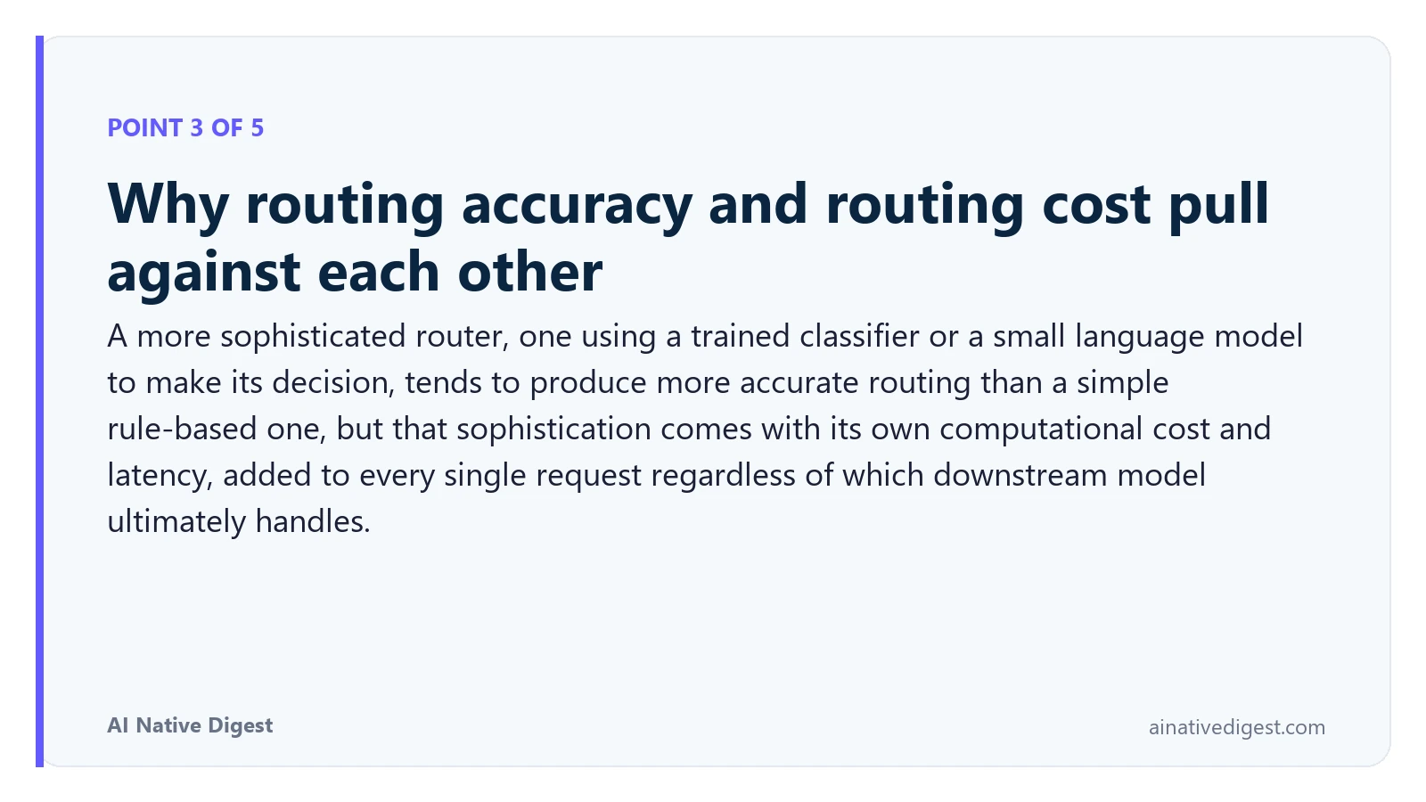 Point 3 of 5: Why routing accuracy and routing cost pull against each other. A more sophisticated router, one using a trained classifier or a small language model to make its decision, tends to produce more accurate routing than a simple rule-based one, but that sophistication comes with its own computational cost and latency, added to every single request regardless of which downstream model ultimately handles. ainativedigest.com
