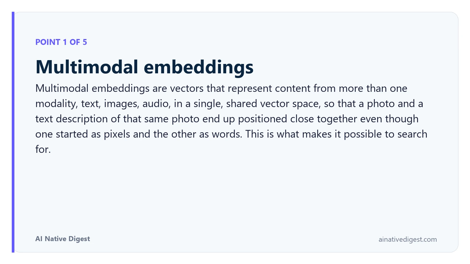 Point 1 of 5: Multimodal embeddings. Multimodal embeddings are vectors that represent content from more than one modality, text, images, audio, in a single, shared vector space, so that a photo and a text description of that same photo end up positioned close together even though one started as pixels and the other as words. This is what makes it possible to search for. ainativedigest.com