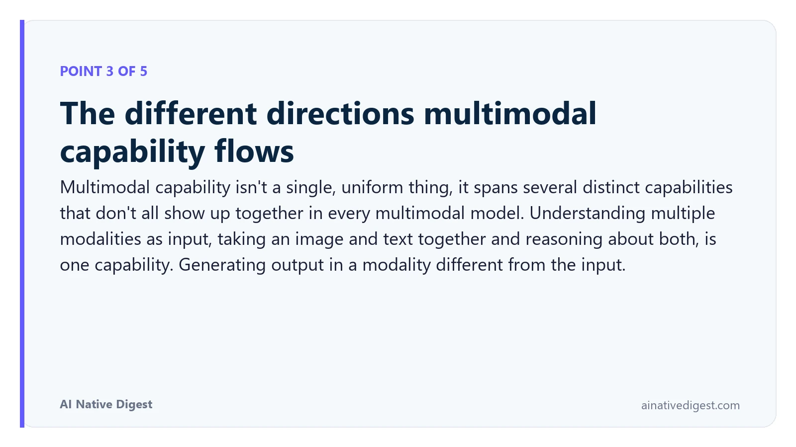 Point 3 of 5: The different directions multimodal capability flows. Multimodal capability isn't a single, uniform thing, it spans several distinct capabilities that don't all show up together in every multimodal model. Understanding multiple modalities as input, taking an image and text together and reasoning about both, is one capability. Generating output in a modality different from the input. ainativedigest.com