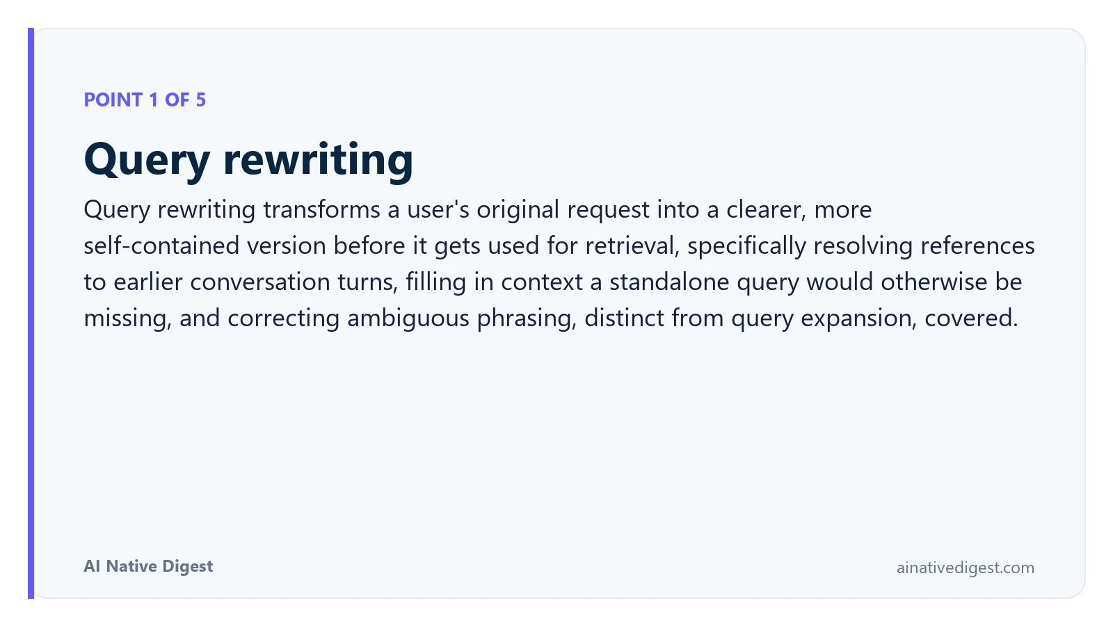 Point 1 of 5: Query rewriting. Query rewriting transforms a user's original request into a clearer, more self-contained version before it gets used for retrieval, specifically resolving references to earlier conversation turns, filling in context a standalone query would otherwise be missing, and correcting ambiguous phrasing, distinct from query expansion, covered. ainativedigest.com