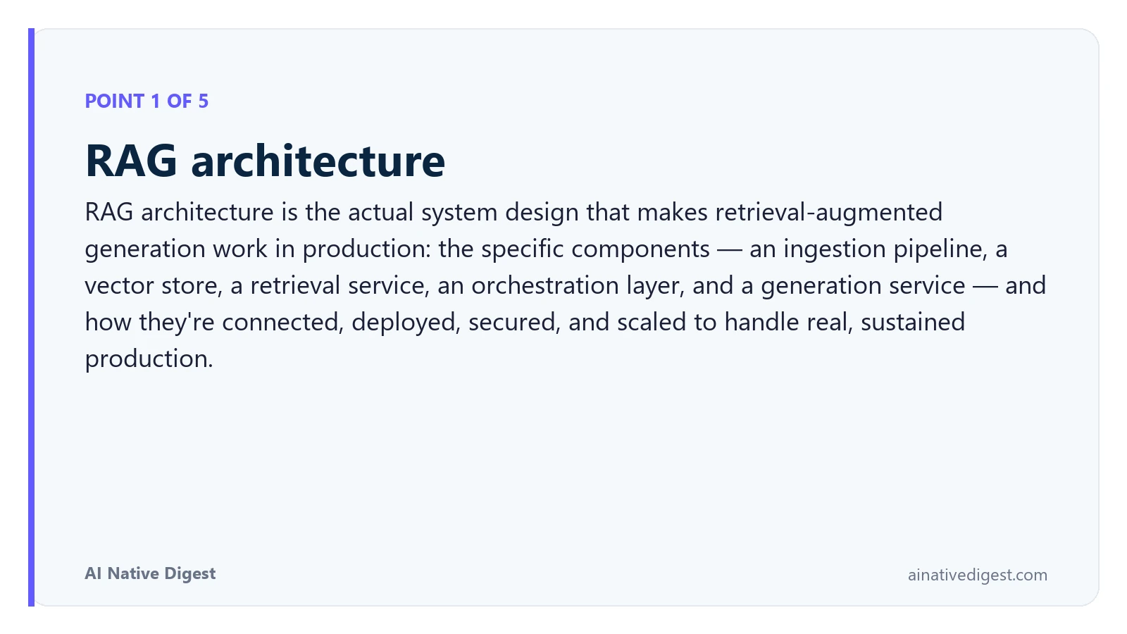Point 1 of 5: RAG architecture. RAG architecture is the actual system design that makes retrieval-augmented generation work in production: the specific components — an ingestion pipeline, a vector store, a retrieval service, an orchestration layer, and a generation service — and how they're connected, deployed, secured, and scaled to handle real, sustained production. ainativedigest.com
