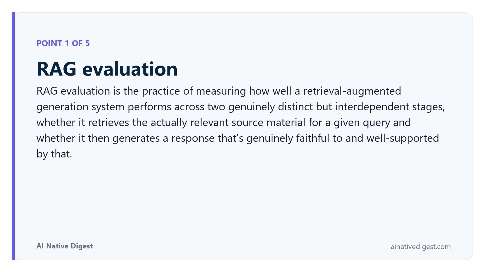 Point 1 of 5: RAG evaluation. RAG evaluation is the practice of measuring how well a retrieval-augmented generation system performs across two genuinely distinct but interdependent stages, whether it retrieves the actually relevant source material for a given query and whether it then generates a response that's genuinely faithful to and well-supported by that. ainativedigest.com