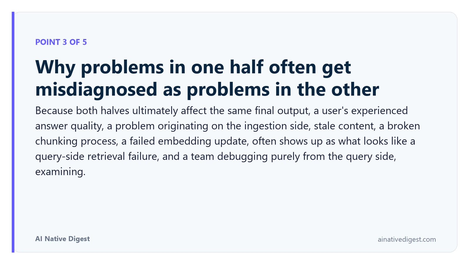 Point 3 of 5: Why problems in one half often get misdiagnosed as problems in the other. Because both halves ultimately affect the same final output, a user's experienced answer quality, a problem originating on the ingestion side, stale content, a broken chunking process, a failed embedding update, often shows up as what looks like a query-side retrieval failure, and a team debugging purely from the query side, examining. ainativedigest.com