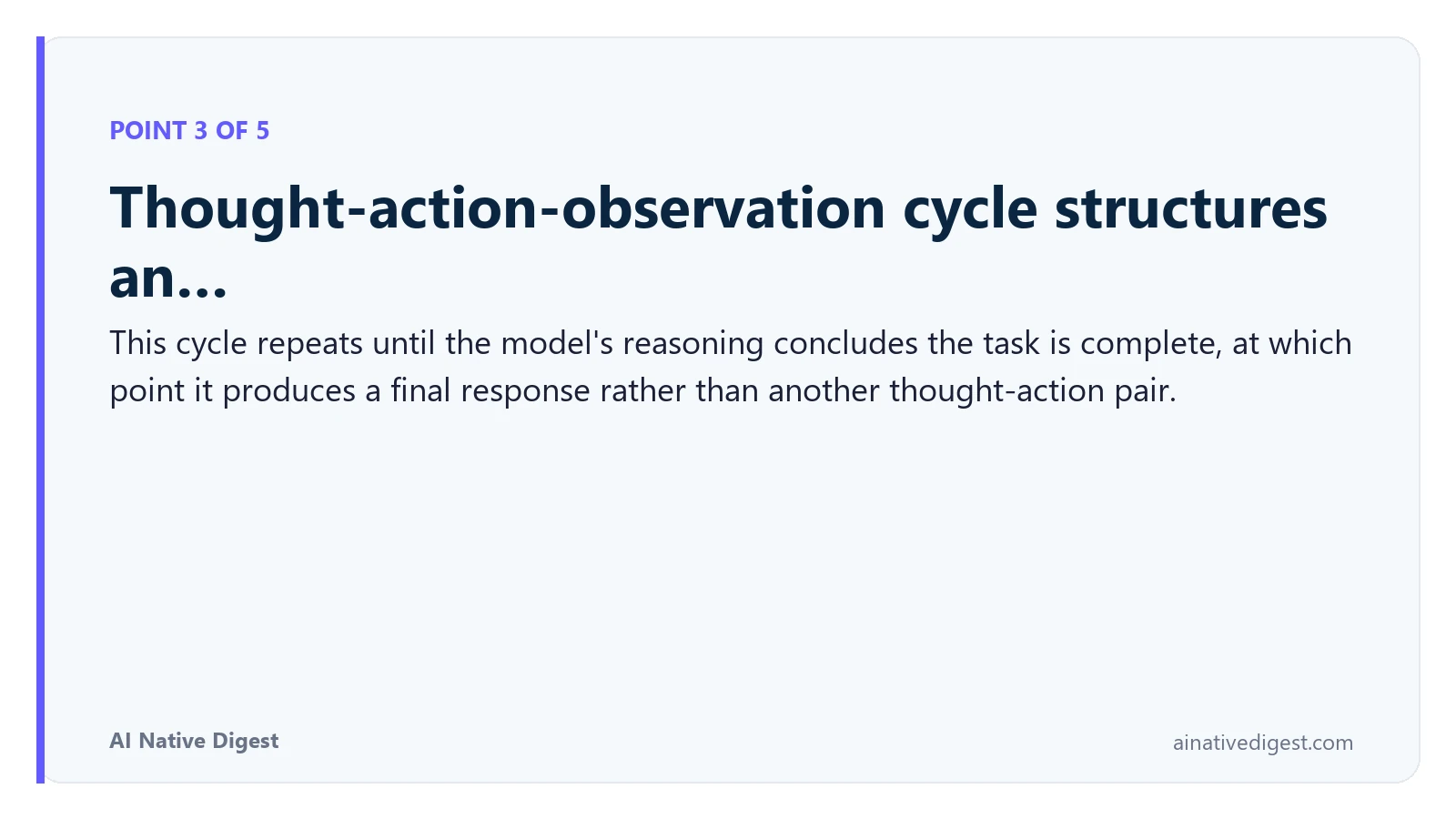 Point 3 of 5: Thought-action-observation cycle structures an…. This cycle repeats until the model's reasoning concludes the task is complete, at which point it produces a final response rather than another thought-action pair. ainativedigest.com