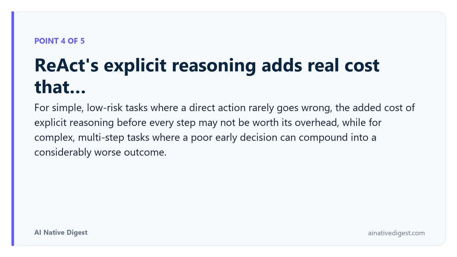 Point 4 of 5: ReAct's explicit reasoning adds real cost that…. For simple, low-risk tasks where a direct action rarely goes wrong, the added cost of explicit reasoning before every step may not be worth its overhead, while for complex, multi-step tasks where a poor early decision can compound into a considerably worse outcome. ainativedigest.com