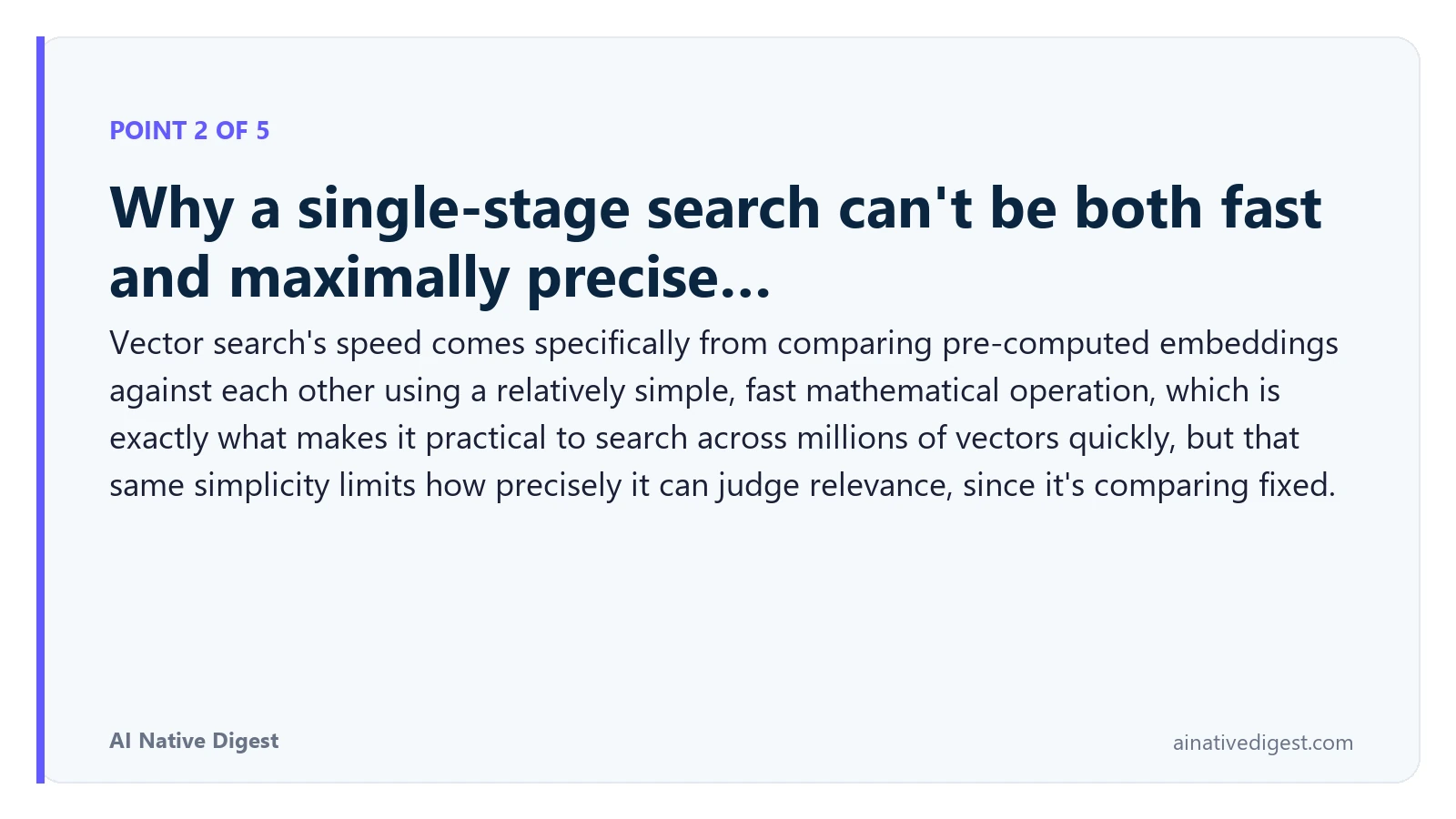 Point 2 of 5: Why a single-stage search can't be both fast and maximally precise…. Vector search's speed comes specifically from comparing pre-computed embeddings against each other using a relatively simple, fast mathematical operation, which is exactly what makes it practical to search across millions of vectors quickly, but that same simplicity limits how precisely it can judge relevance, since it's comparing fixed. ainativedigest.com