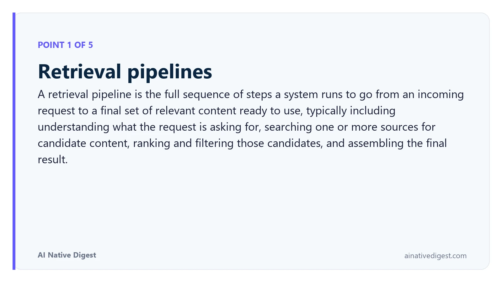 Point 1 of 5: Retrieval pipelines. A retrieval pipeline is the full sequence of steps a system runs to go from an incoming request to a final set of relevant content ready to use, typically including understanding what the request is asking for, searching one or more sources for candidate content, ranking and filtering those candidates, and assembling the final result. ainativedigest.com